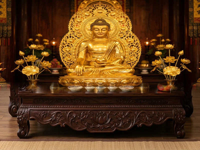 Bàn Thờ Phật Đứng tại gia gỗ gụ chạm sen trang nghiêm – Tượng Phật Khai Tâm