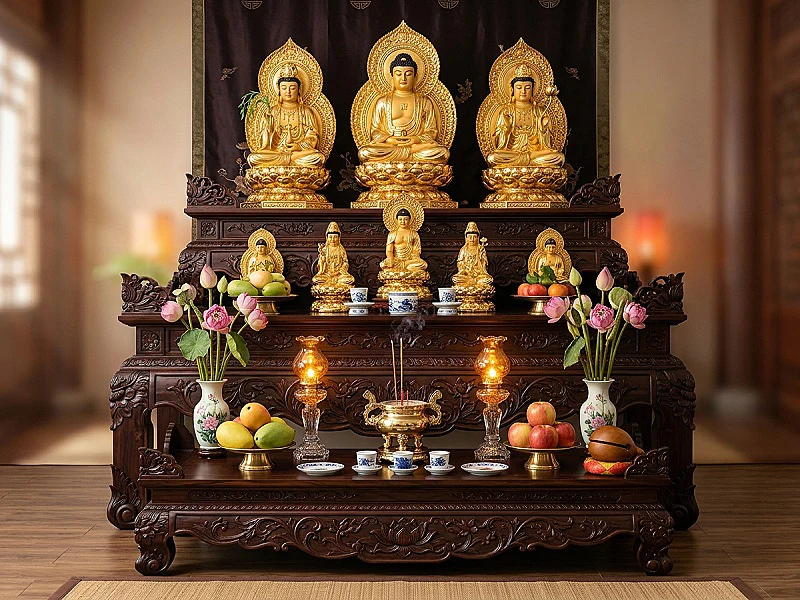 Bàn Thờ Phật Tam Cấp gỗ hương chạm hoa sen thờ Tam Bảo – Tượng Phật Khai Tâm