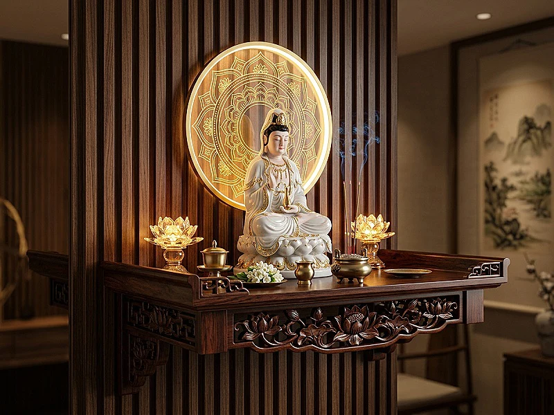 Bàn Thờ Phật Treo Tường gỗ tự nhiên nhỏ gọn hiện đại – Tượng Phật Khai Tâm