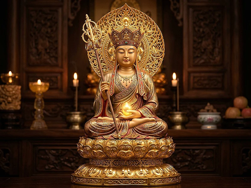 Tượng Địa Tạng Vương Bồ Tát đội mão Tỳ Lư cầm tích trượng – Tượng Phật Khai Tâm