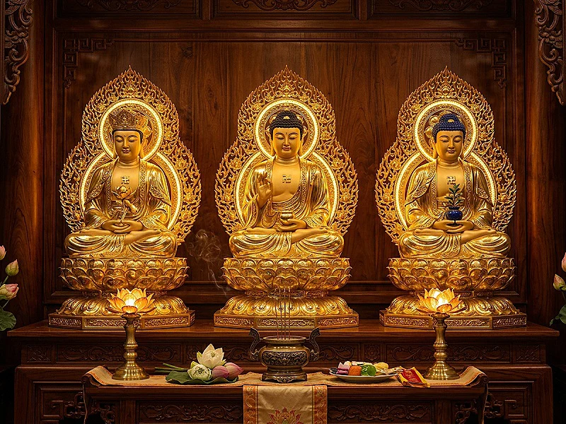 Bàn Thờ Phật Tại Gia Gỗ Hương – Gỗ hương tự nhiên chạm sen tinh xảo | Tượng Phật Khai Tâm